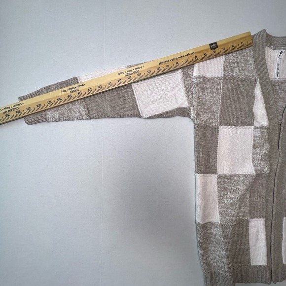 Leo‎ & Nicole Oatmeal Taupe Cardigan Windowpane Sweater Open Front Knit Size P L - Picture 8 of 10